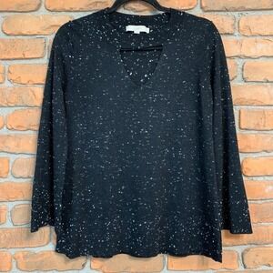 LOFT V-Neck‎ Sweater Womens XS Black Speckled Knit Long Sleeve Pullover Keyhole